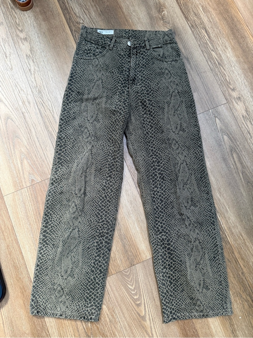 Zara Olive Green Snake Print Wide Leg Jeans